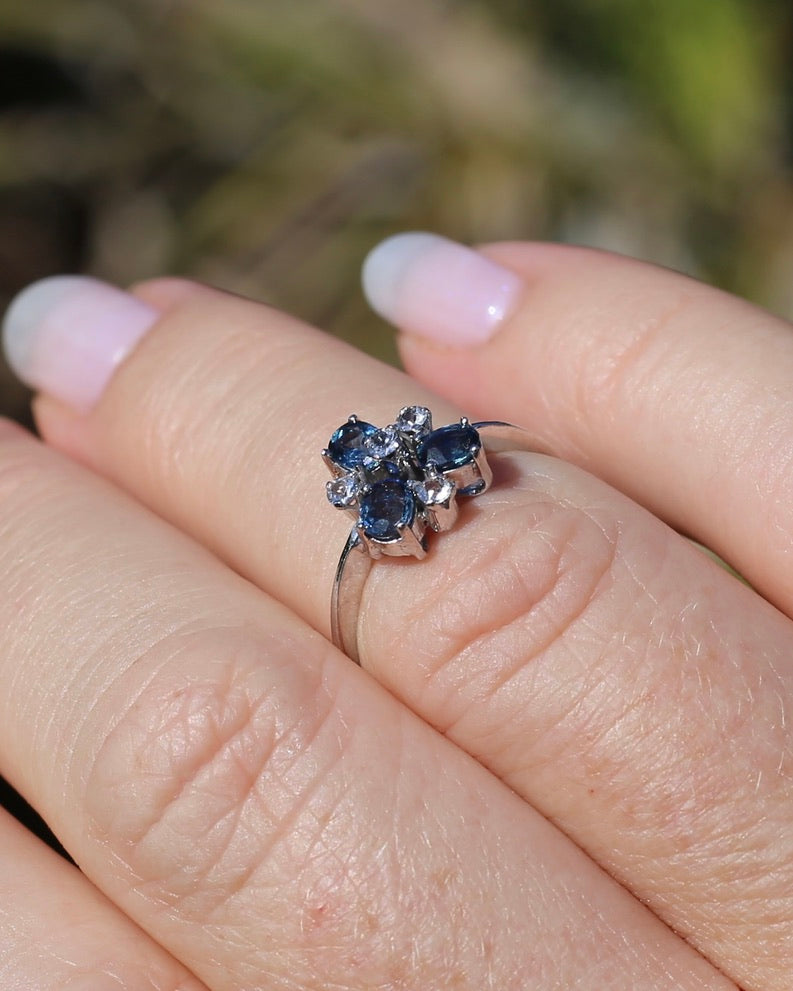 Vintage Parti Sapphire and White Quartz Cluster Ring, 9ct White Gold, size M or just over 6, 1.7g