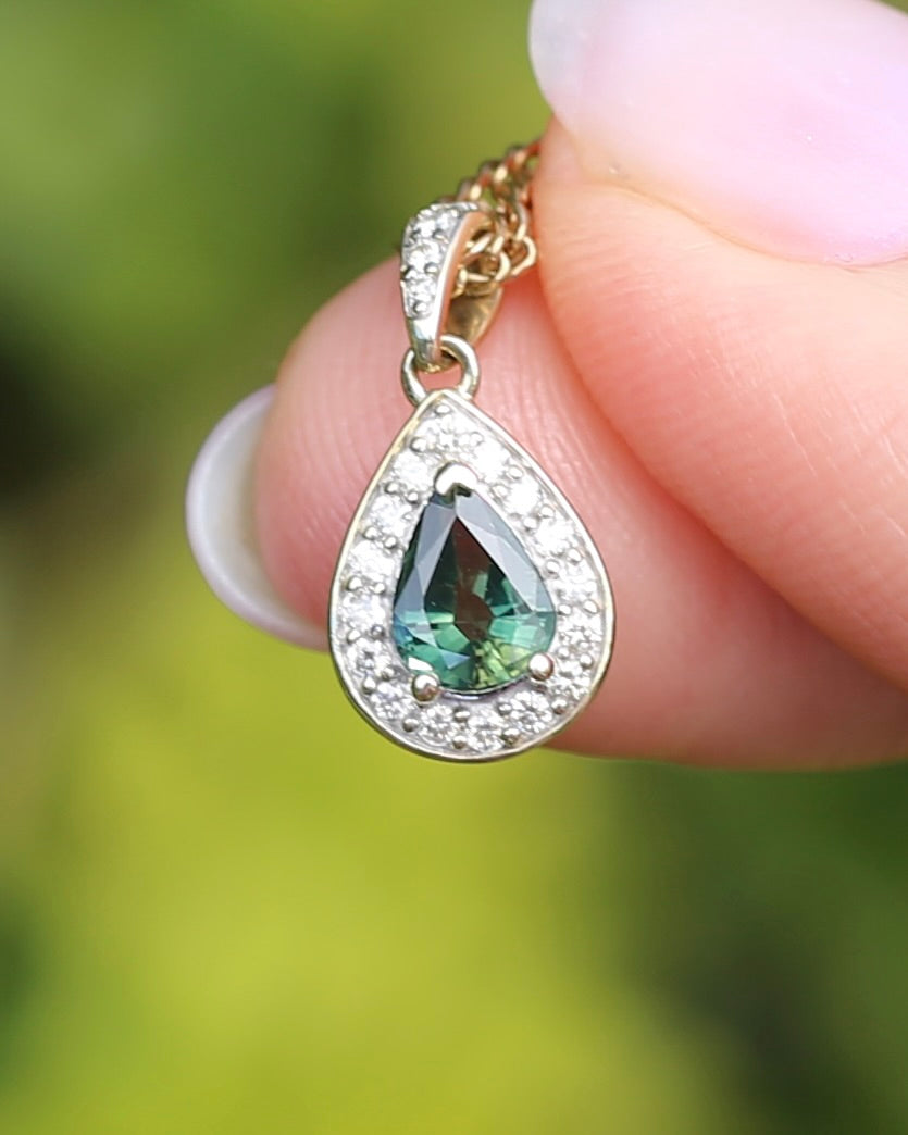 0.75ct Natural Green Parti and Natural Diamond Halo Pendant, 9ct Yellow Gold, 0.86g