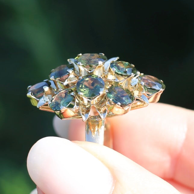 Brutalist Natural Green Sapphire Retro Ring, 14ct Yellow Gold, size 8 or Q