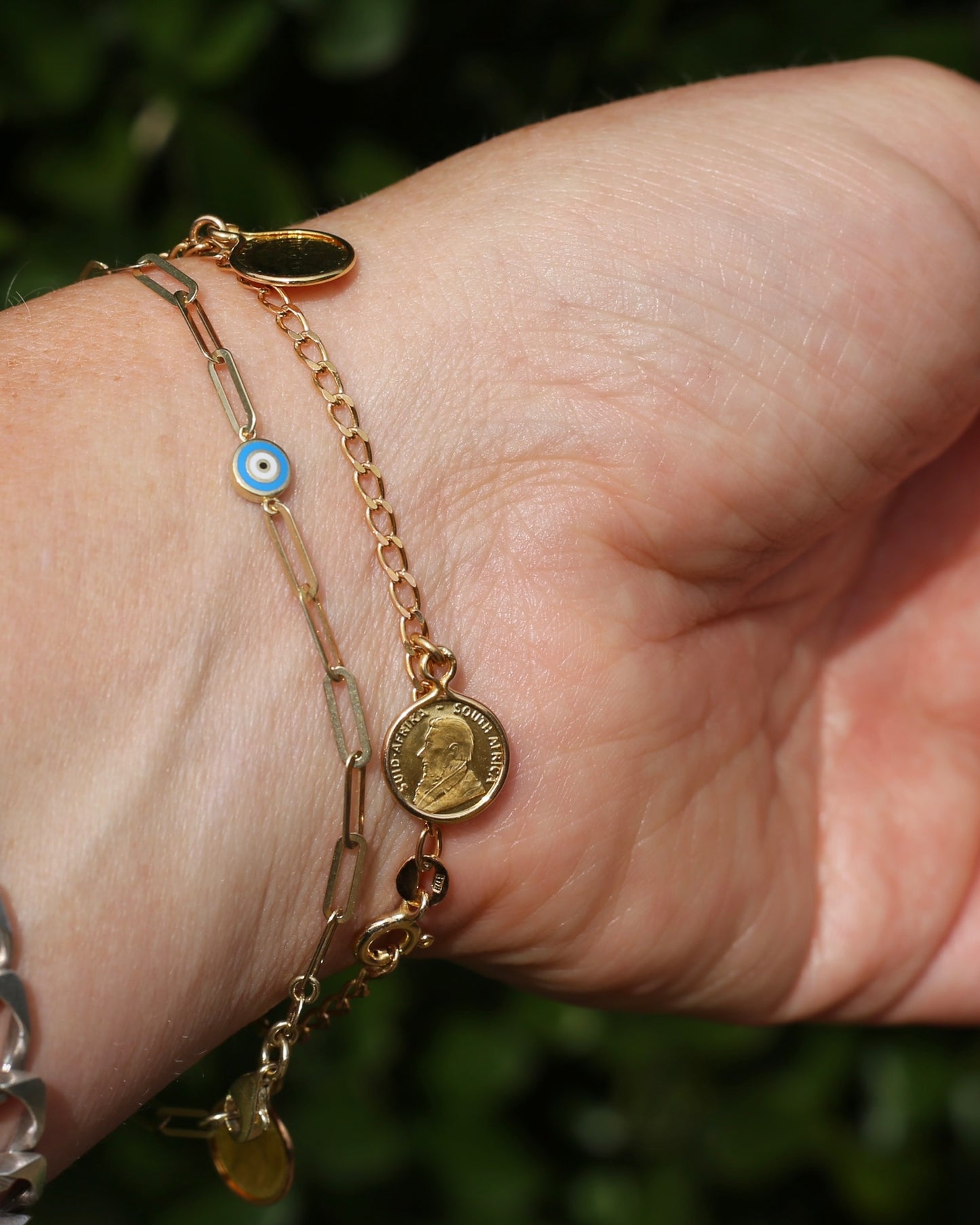 Delicate Paperclip and Enamel Evil Eye Bracelet, 9ct Yellow Gold, 19.5cm or 7.75inches