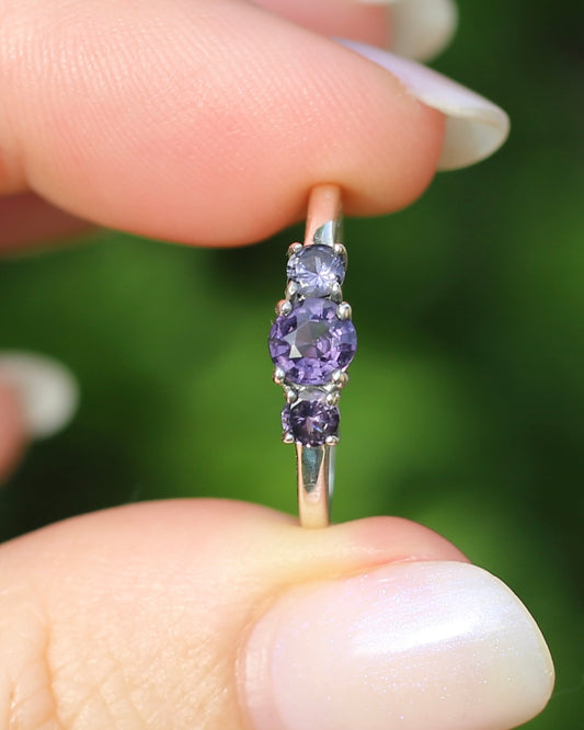 0.8ct Natural Purple Spinel Trilogy Ring, Sterling Silver, size O1/2 or 7.25, 1.91g