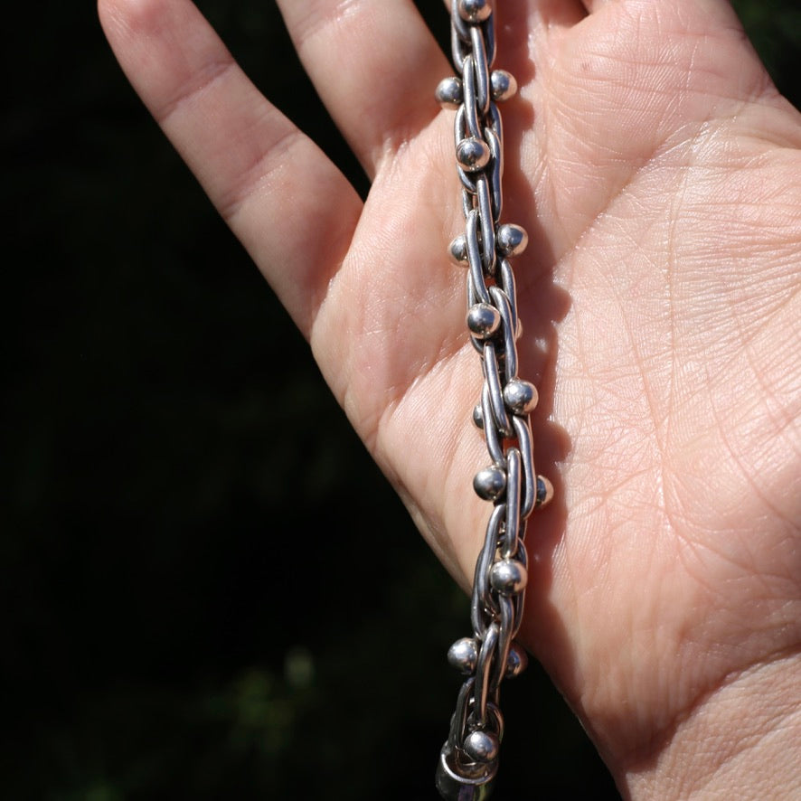 Chunky Silver Bracelet with Overlapping Loops and Dot Ball Detail, 45.3g