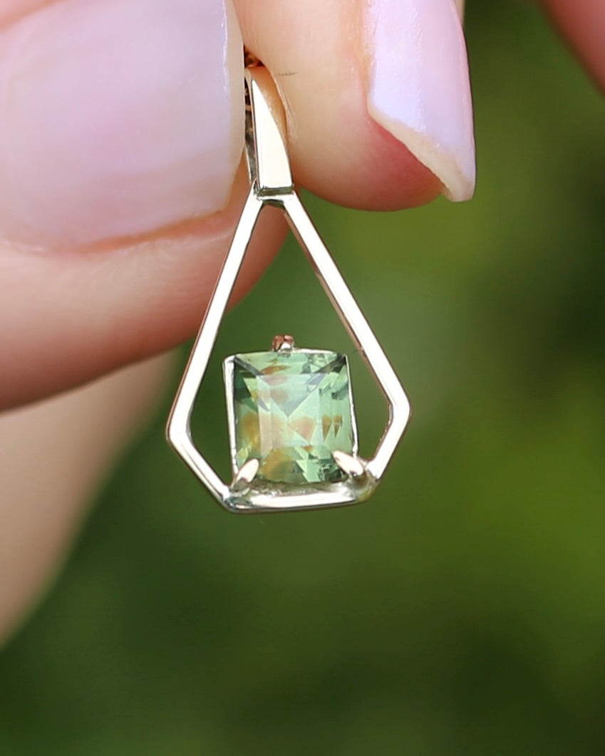 Modified Carre Cut Unheated Green Natural Sapphire in Handmade Vintage Pendant, 9ct Yellow Gold, 0.78g