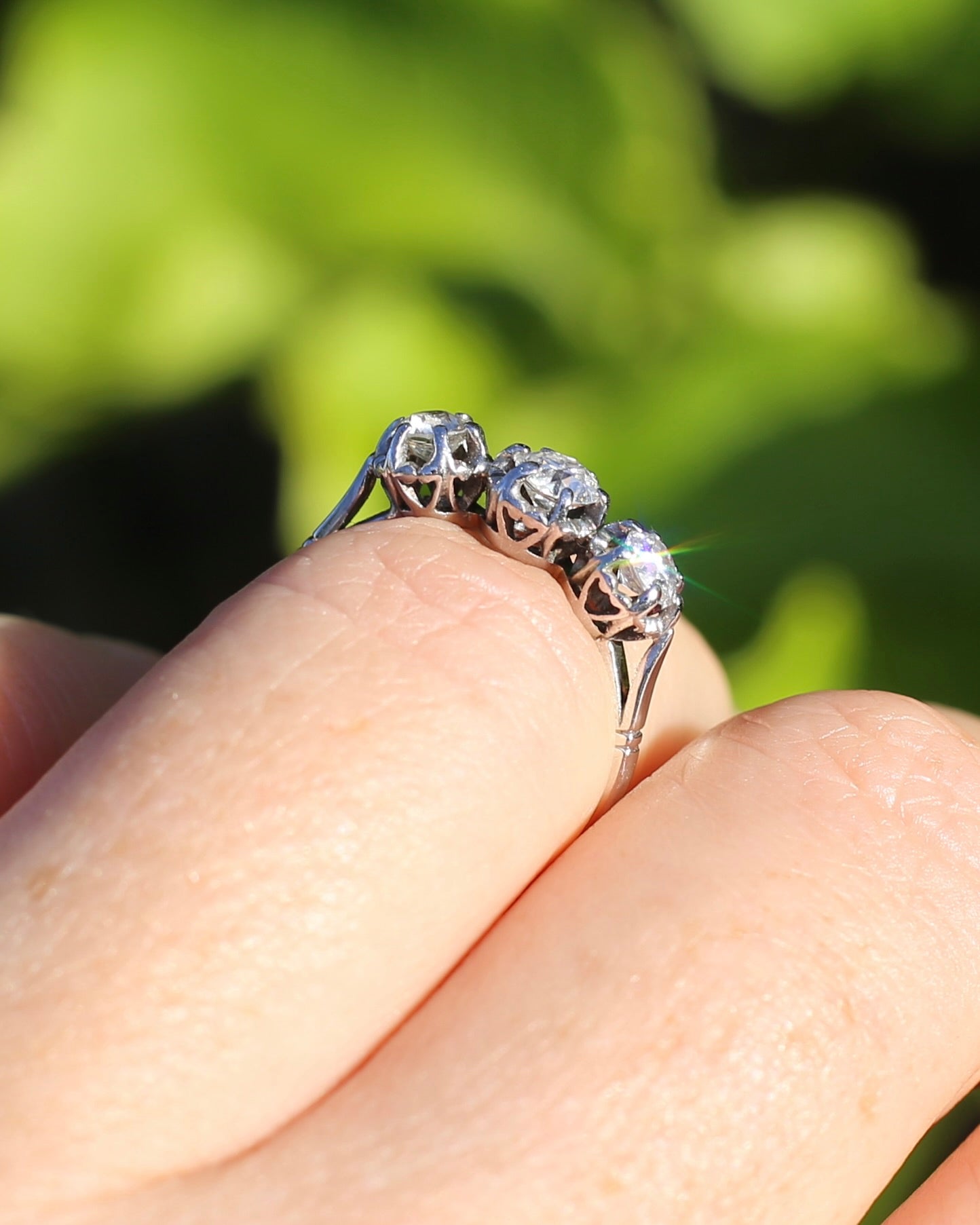 Circa 1930s Transitional Cut Diamond Trilogy with Kozibe Effect, Platinum, size L or 5.75, 2.68g, with valuation