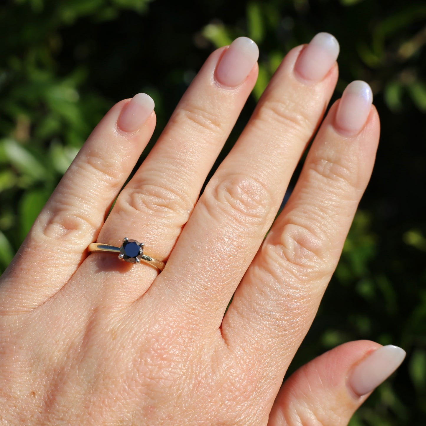 Australian Made Black Diamond Solitaire, 4 Claw White Gold, 9ct Yellow Gold Chunky Shank, size O or 7.25