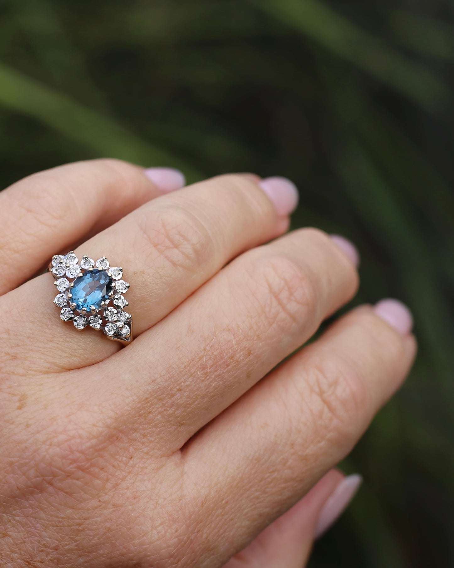 1989 Blue Zircon and Diamond Halo Ring, 9ct Yellow and White Gold, size N1/2 or 7, 3.18g