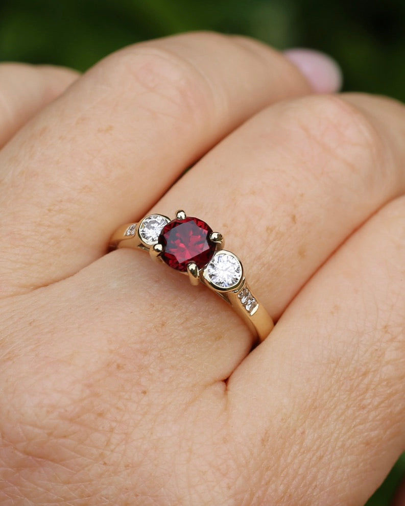 East African Rhodolite Garnet and Diamond Dais Trilogy, 9ct Yellow Gold, size S or 9.25