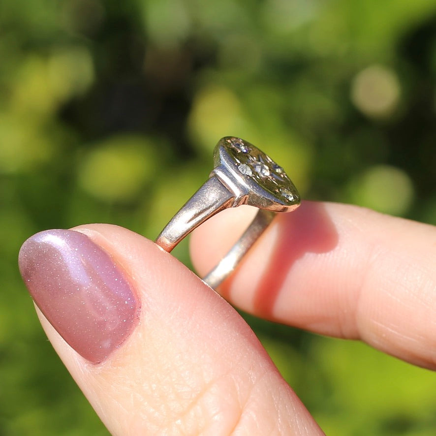 Early Australian Joseph Lawrence Signet Ring, Star Set with 5 Old Cut Diamonds, size T or 9.5