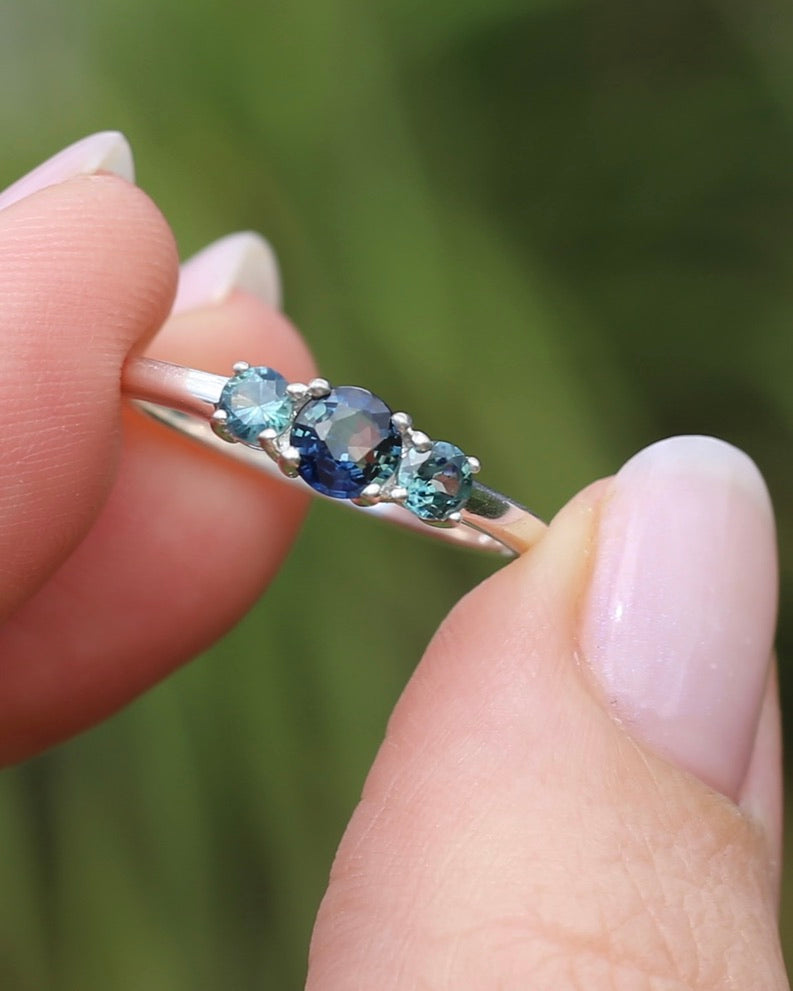 0.85ct Natural Parti Sapphire Trilogy Ring, Sterling Silver, size Q or 8.25, 1.98g