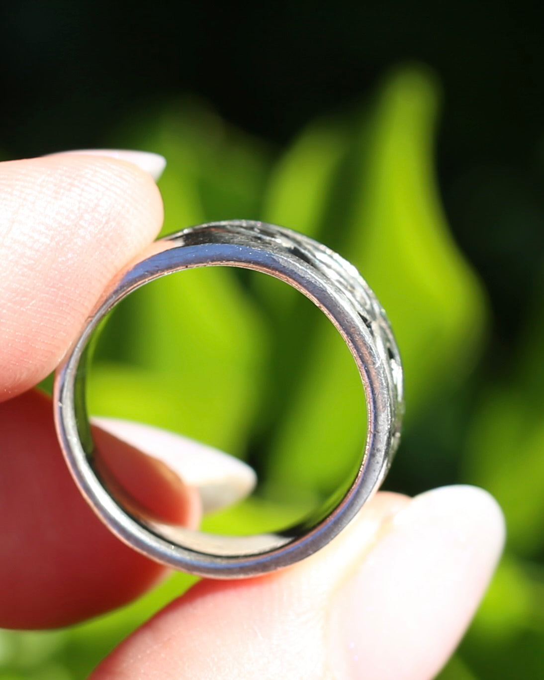 Silver Band with Black Rhodium Tribal Style Geometric Pattern, Sterling Silver, size 8 or Q, 7.6g