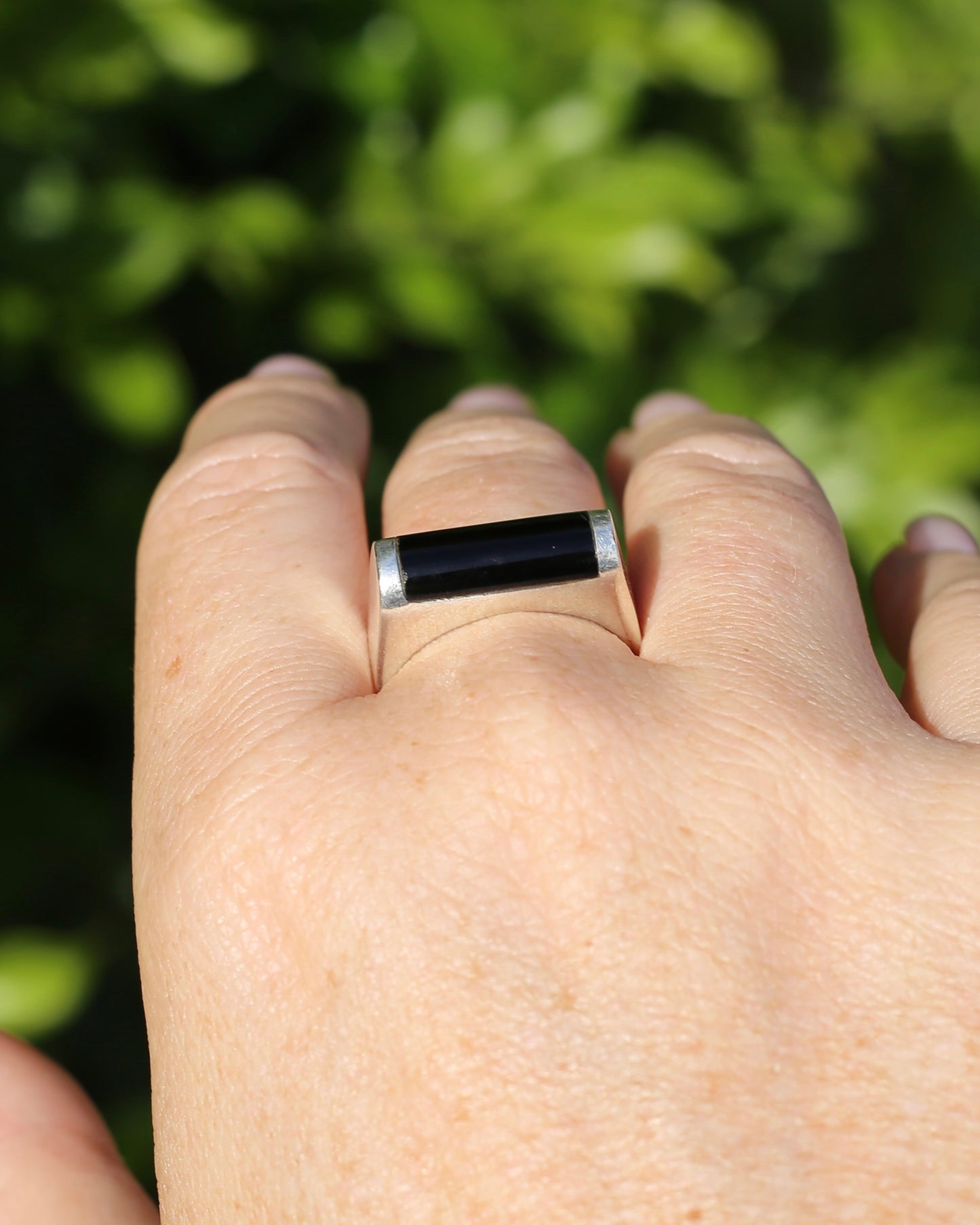 Curved Onyx and Silver Ring, Sterling Silver, Size V1/2 or 10.75, 8.4g