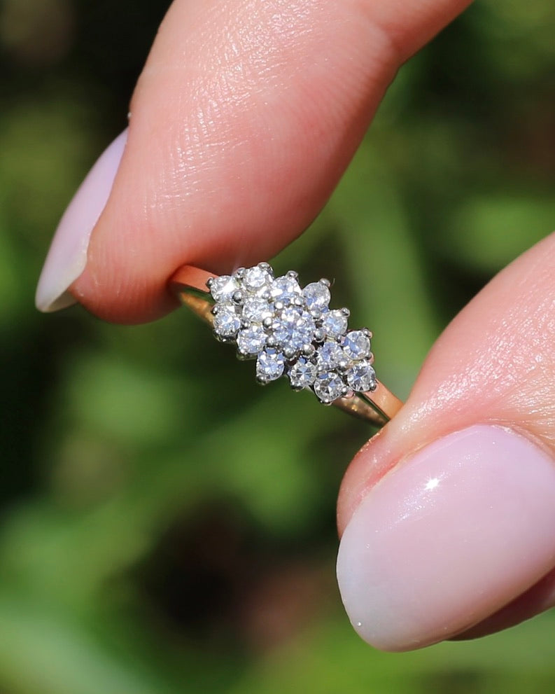 1991 London Made Diamond Cluster Ring, 9ct Yellow and White Gold, size J or 4.75, 2.2g