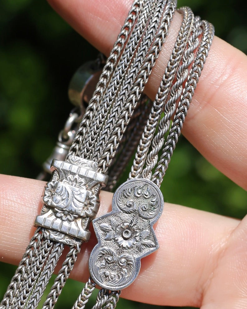 Antique 1901 Double Albertina Necklace with T-bar and Tassel, Sterling Silver, 43.75g