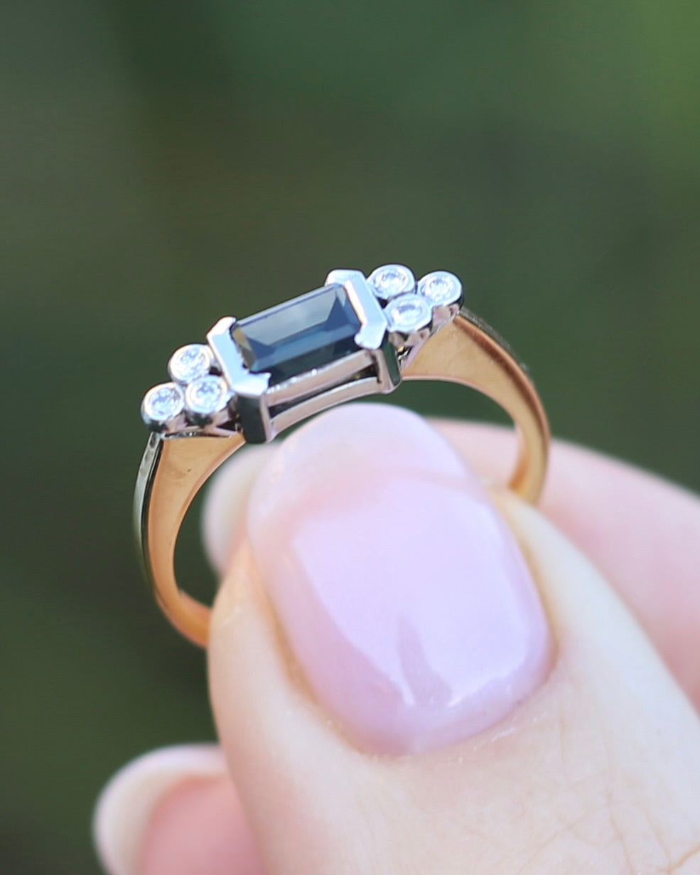 Vintage East West Set Natural Sapphire and Diamond Ring, 18ct Yellow and White Gold, size O or 7.25, 3.36g, with valuation