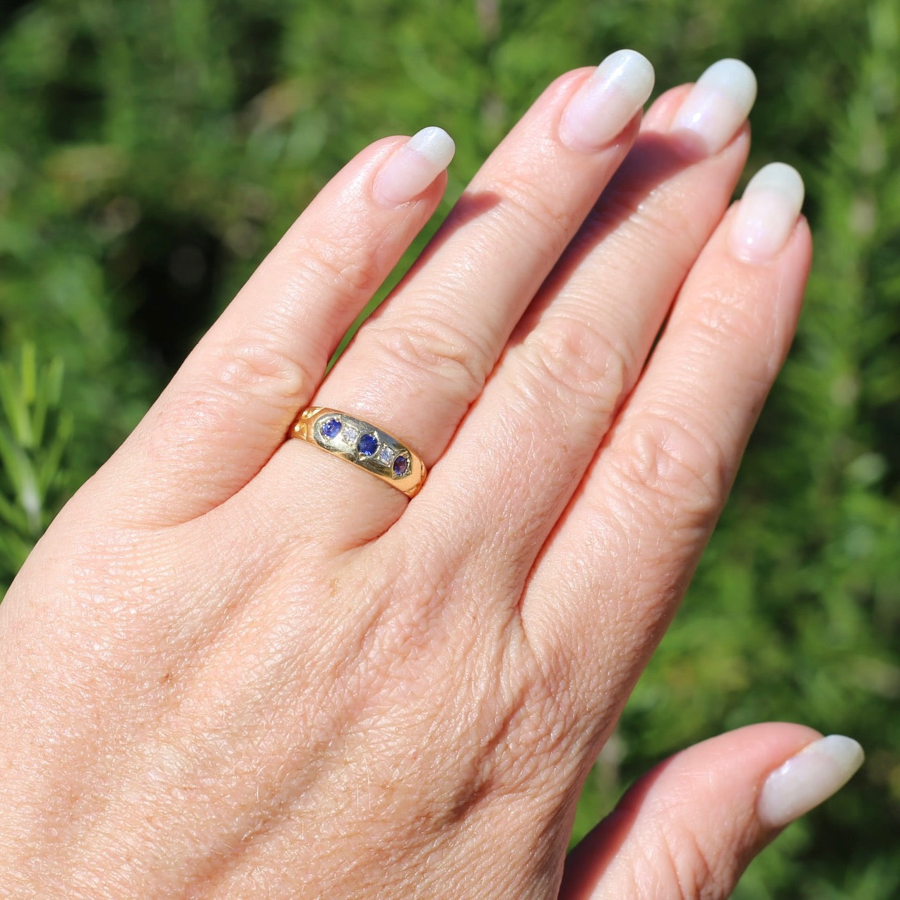 1897 Old Cut Sapphire and Diamond Five Stone Ring, 18ct Yellow Gold, size O or 7.25