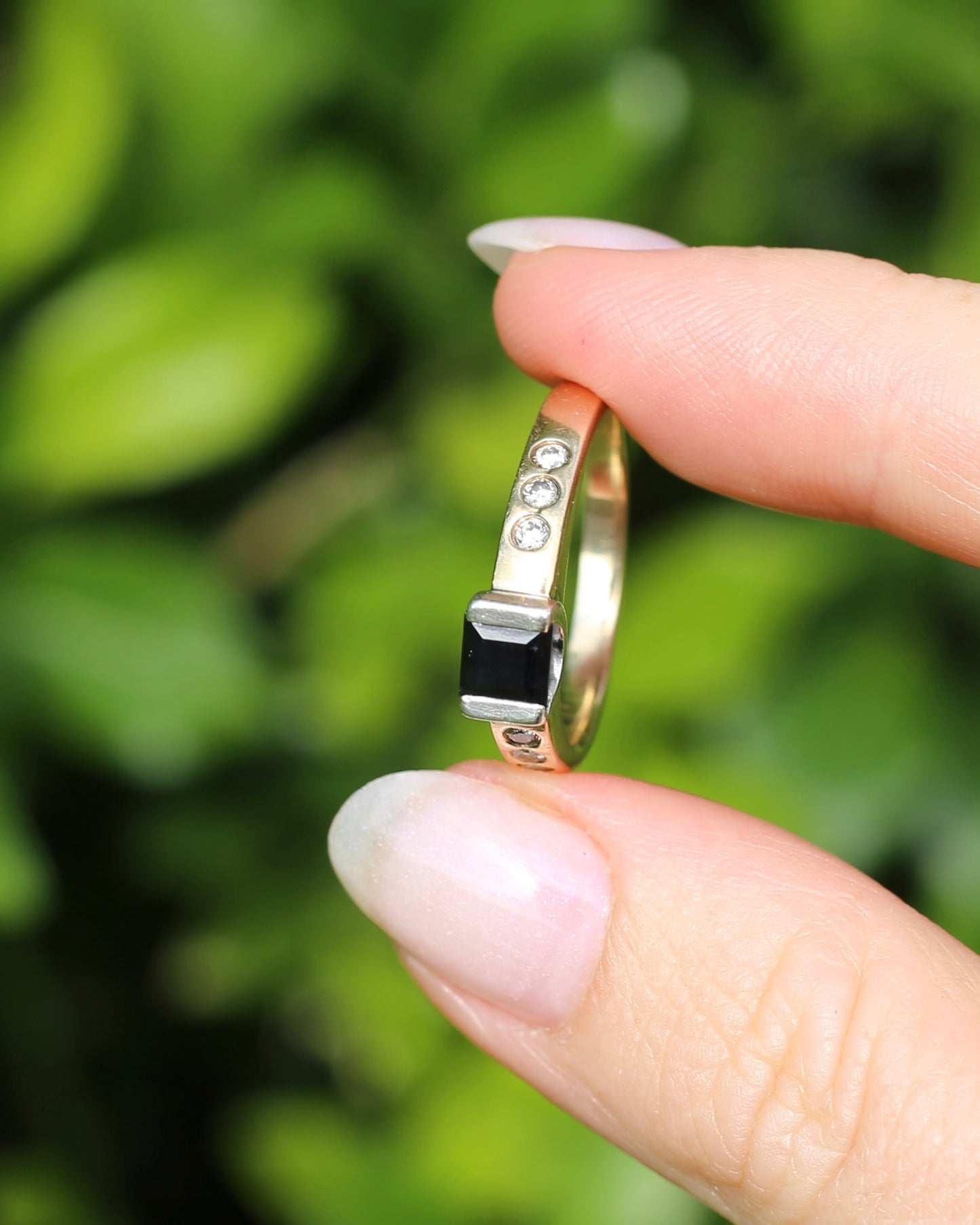 Vintage Chunky East West Set Sapphire and Flush Set Diamonds, 9ct Yellow and White Gold, size 9 or S