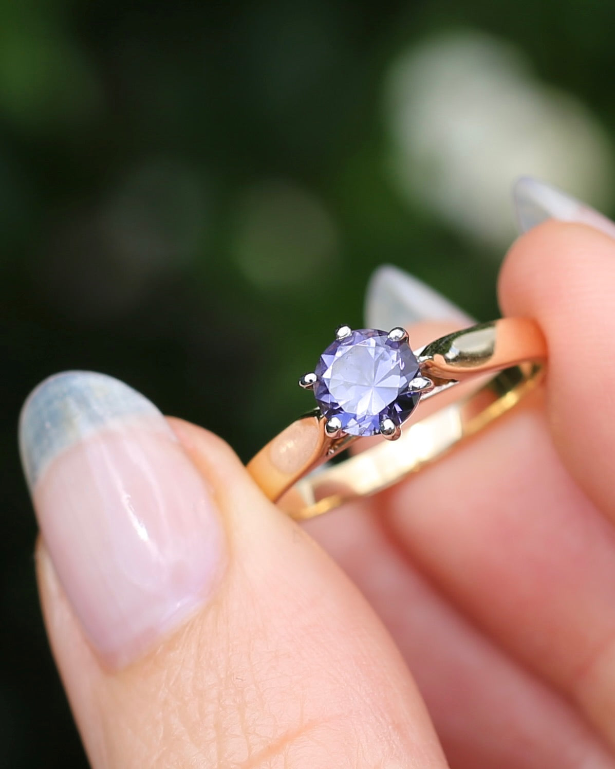 Hand Carved Australian Iolite Solitaire Ring, 9ct White and Yellow Gold, size S1/2 or 9.25, 3.03g