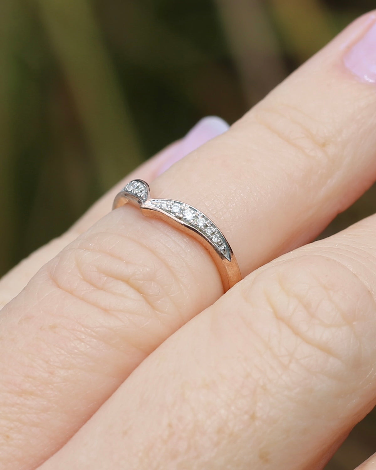 Bead Set Natural Diamond Wishbone Ring, 9ct Rose Gold, size J or 4.75, 1.7g