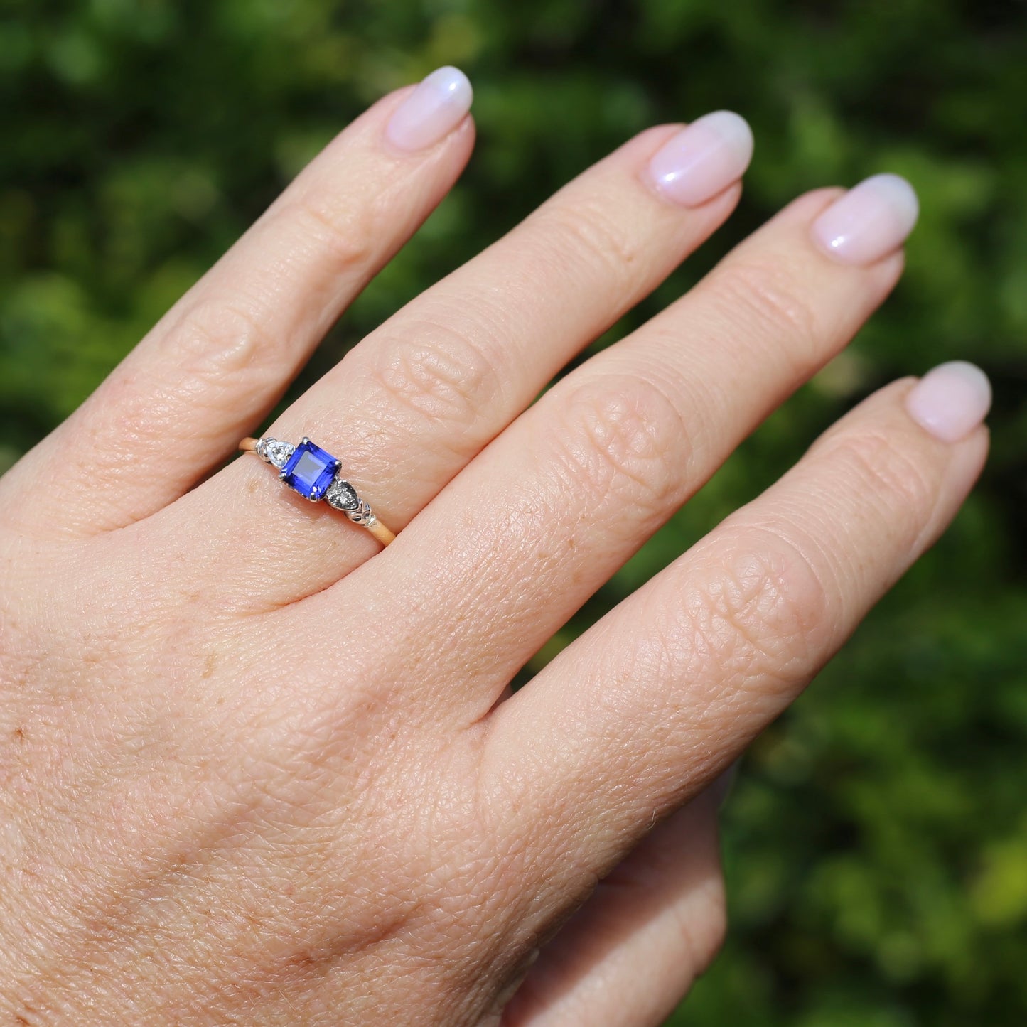 1930s Square Emerald Cut Blue Sapphire, 18ct Yellow and White Gold, size Q1/2 or just over 8.25