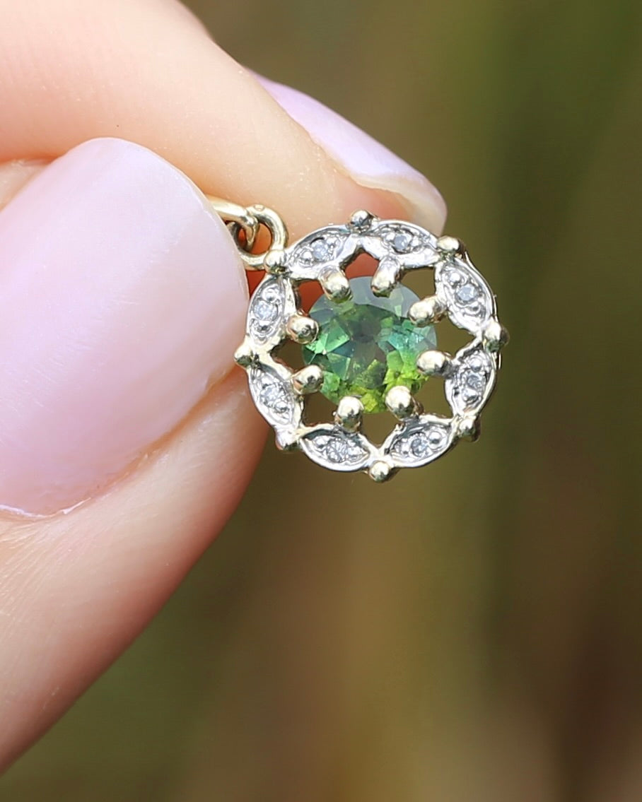 Vintage 0.7ct Green Tourmaline and Diamond Pendant, 9ct Yellow Gold, 1.15g