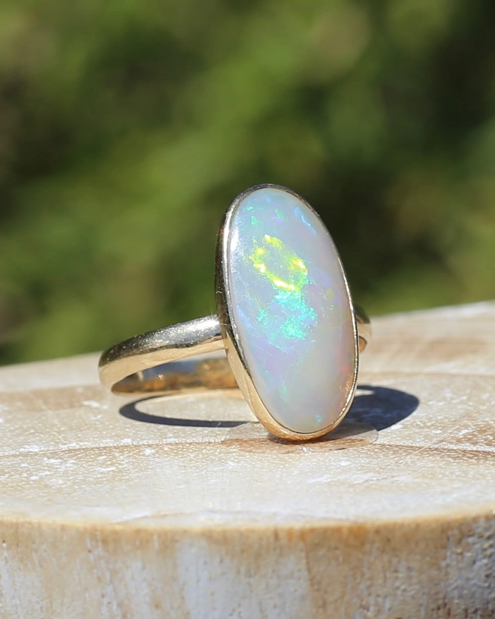 Crystal Opal Cabochon, Low Profile, in Bezel Set 9ct Yellow Gold, size T1/2 or 9.75