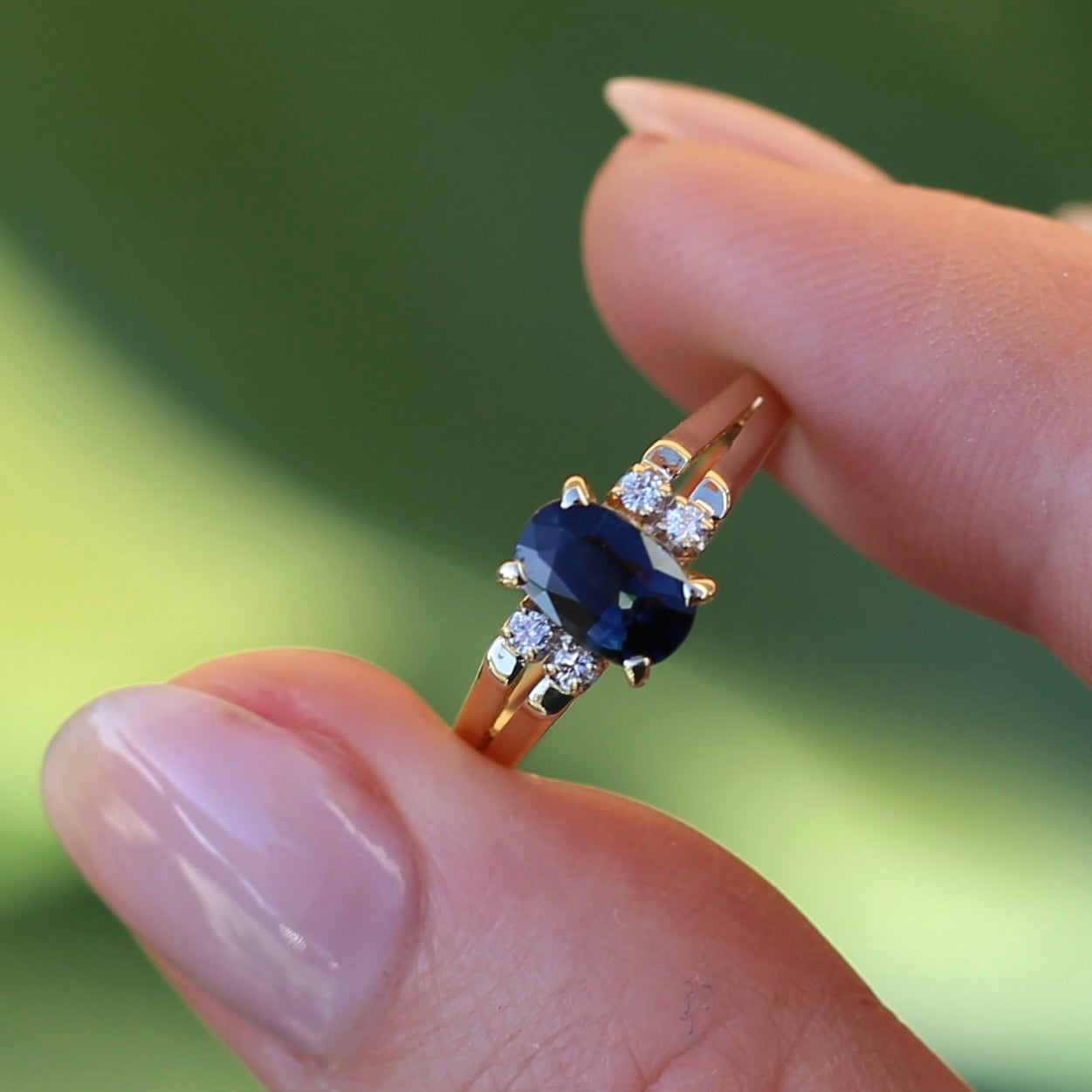 Oval Natural Blue Sapphire with Diamonds, Art Deco Feel Ring, 14ct Yellow Gold, size N or 6.75