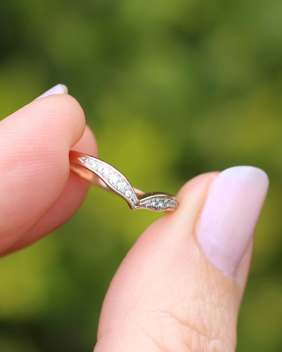 Bead Set Natural Diamond Wishbone Ring, 9ct Rose Gold, size J or 4.75, 1.7g
