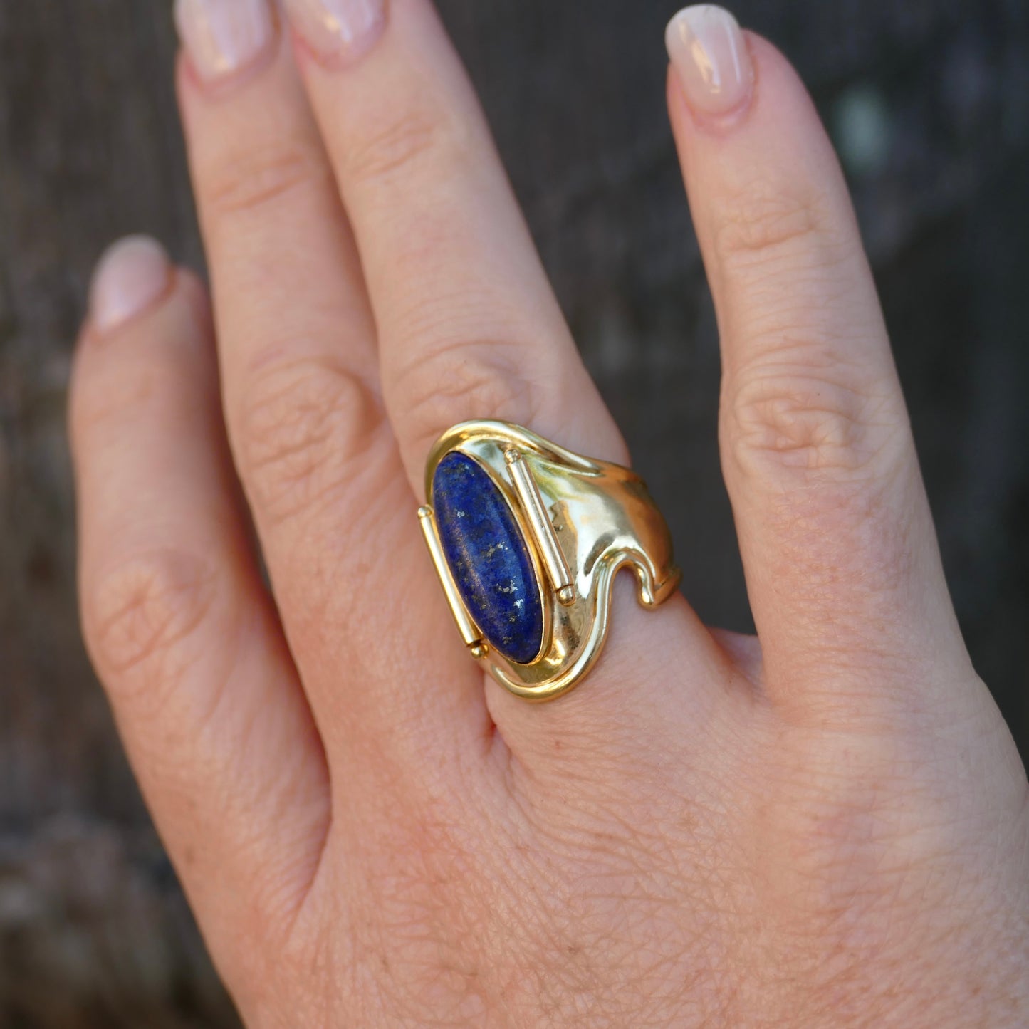 18ct Gold and Lapis Lazuli Cabochon Cuff Ring, size O but sizeable