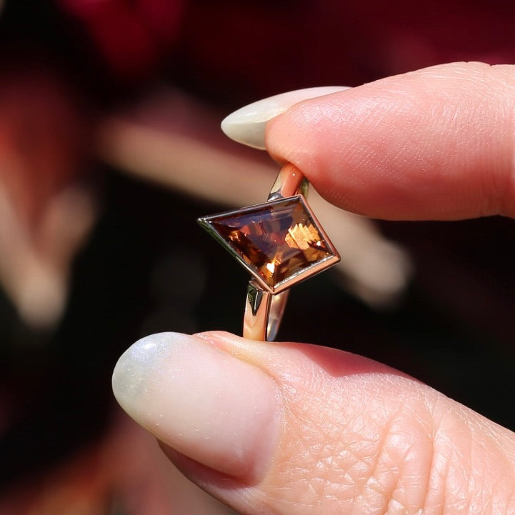 Custom Cut 4ct Kite Brown Zircon, Bezel Set, 9ct Yellow Gold, size 7 or O