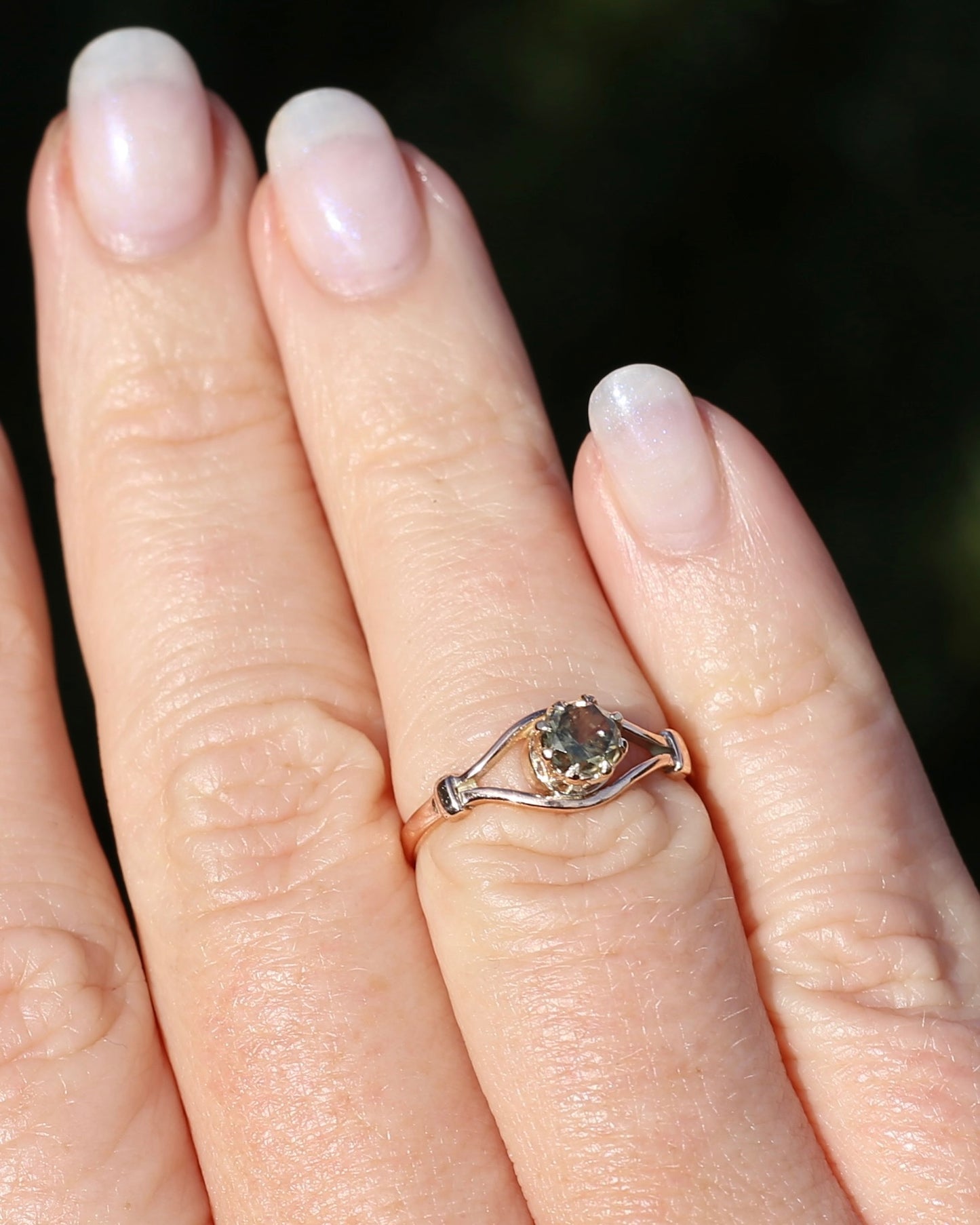 East African Green Zircon, Vintage 8 Claw Setting, Old Rosey Gold, size M1/2 or 6.5