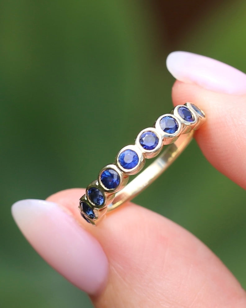 Second Glance - 9 Stone Bezel Set Blue Sapphire Bubble Half Eternity Ring, 9ct Yellow Gold, size N or just over 6.5, 2.80g