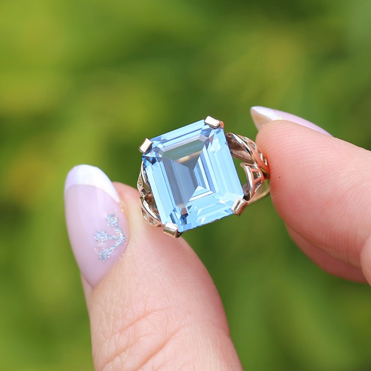 Mid Century Emerald Cut Blue Spinel Cocktail Ring, size N1/2 or 6.75