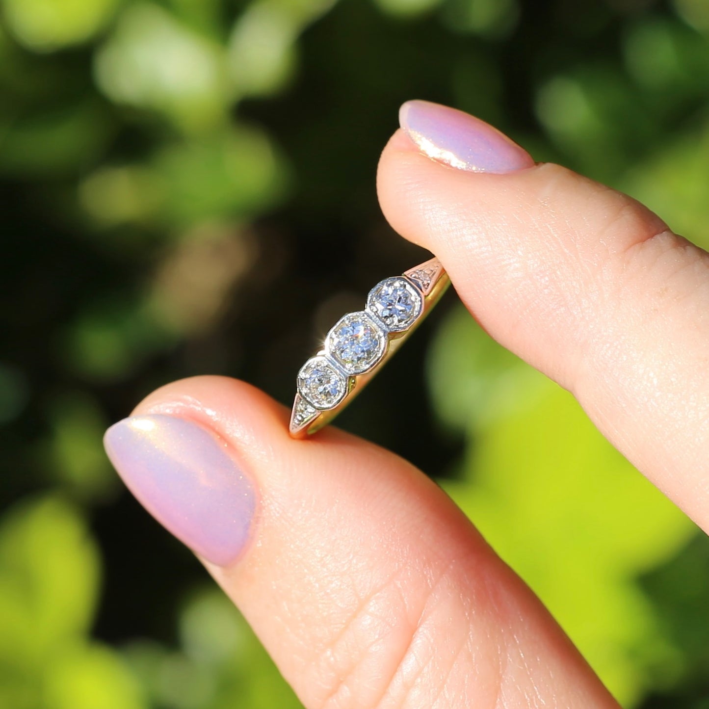 1930s Old and Transitional Cut Diamond Trilogy, 18ct Yellow and White Gold, size N or 6.75