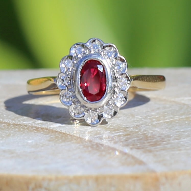 Ruby and Diamond Halo, 18ct Yellow and White Gold, size P or 7.75 with valuation