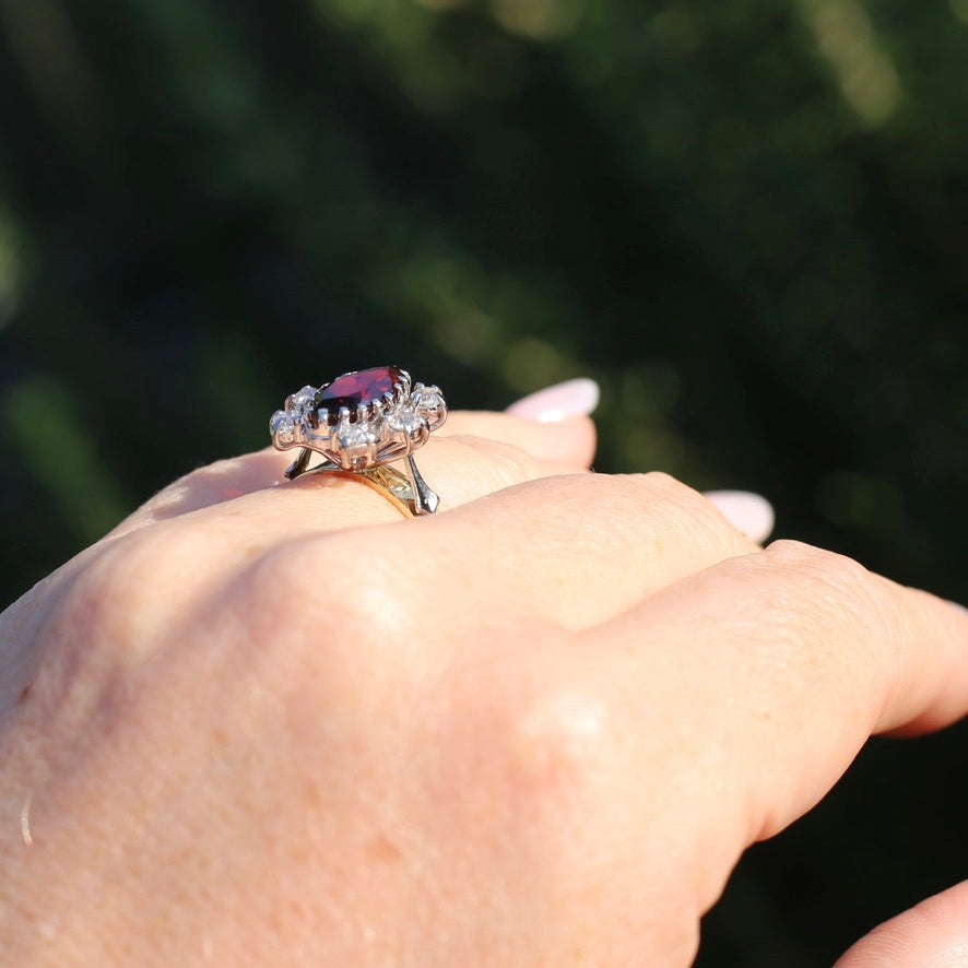 Viking feel Marquise Garnet With 6 Transitional Cut Diamonds, 18ct White and Yellow Gold, size N1/2 or 7