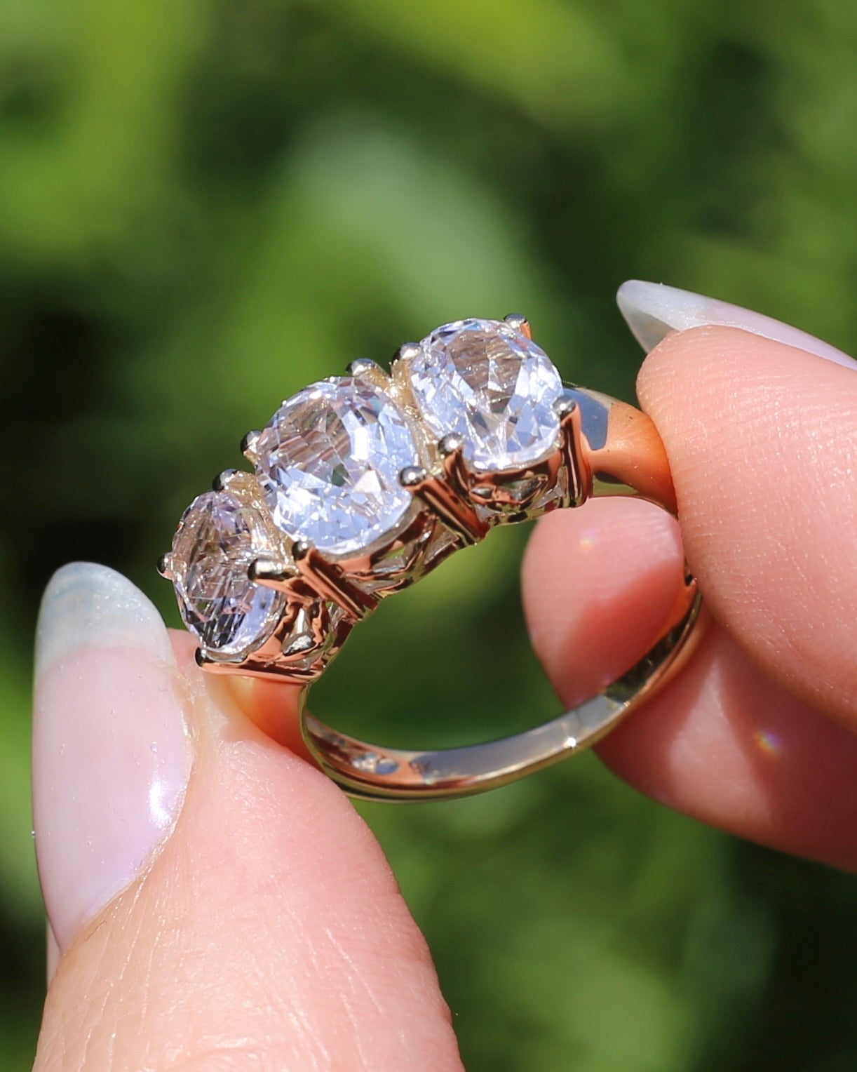 Oval Trilogy Rock Crystal Ring, 9ct Yellow Gold, size Q1/2 or 8.5, 5.59g