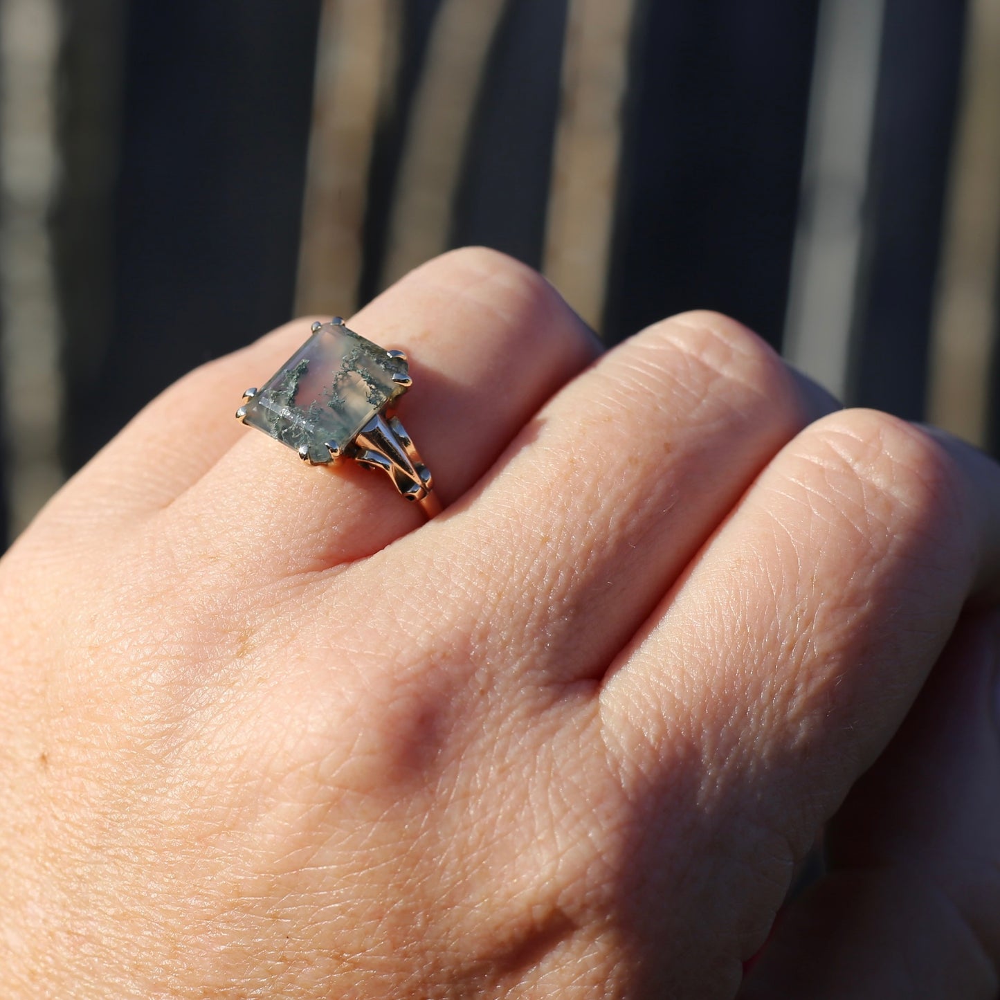 4.95ct Emerald Cut Moss Agate Ring with Fabulous Double Claws, 9ct Older Rosey Gold, size N1/2 or 6.75