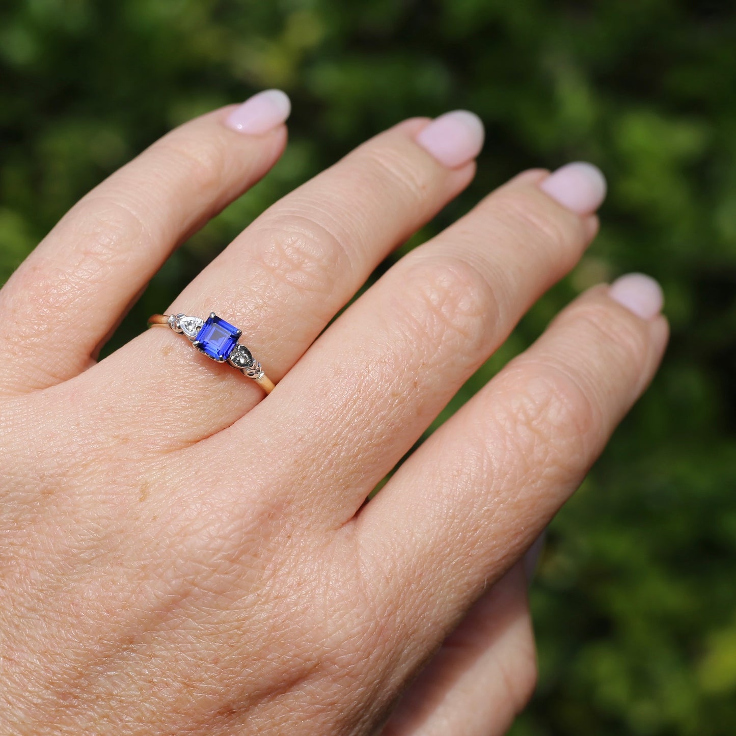 1930s Square Emerald Cut Blue Sapphire, 18ct Yellow and White Gold, size Q1/2 or just over 8.25