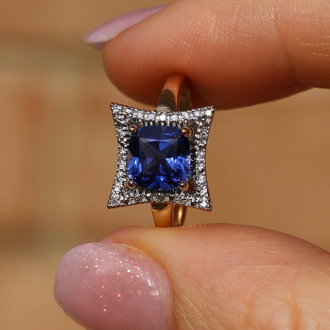 2ct Cushion Cut Synthetic Sapphire with Diamond Halo, 9ct yellow gold, size L or 5.75