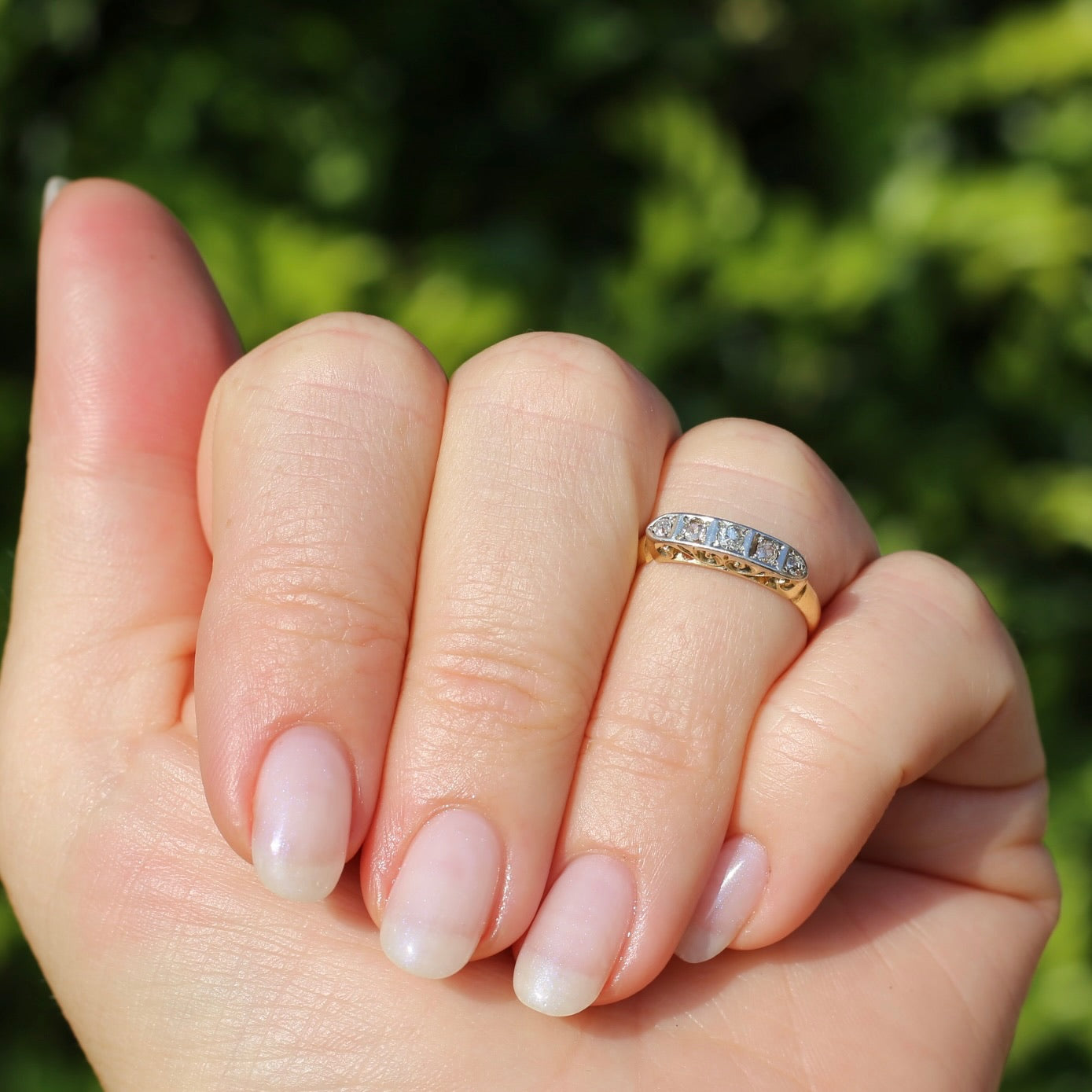 1930s Old Cut 5 Stone Diamond Ring, Platinum and 18ct Yellow Gold, size L or 5.75