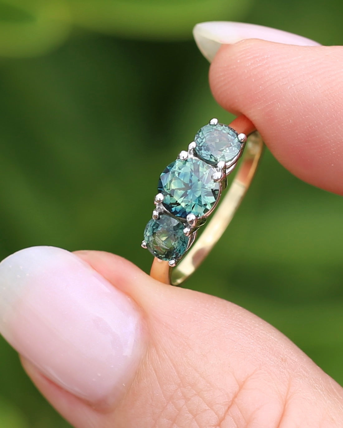 2.14ct Parti Sapphire Trilogy Ring, 14ct White and Yellow Gold, size N1/2 or 7, 2.64g