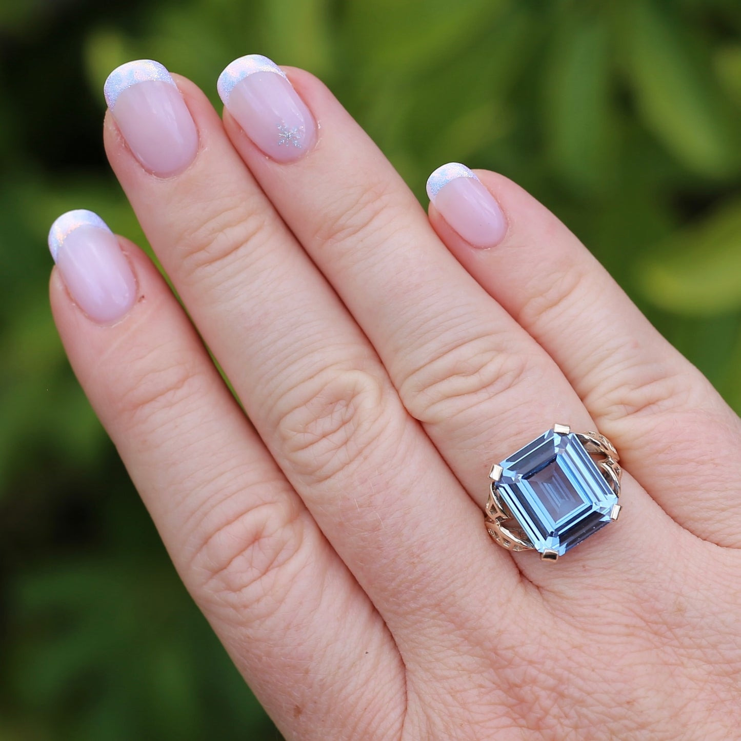 Mid Century Emerald Cut Blue Spinel Cocktail Ring, size N1/2 or 6.75