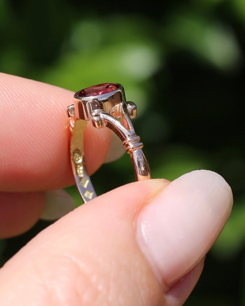 1996 Australian Made Bezel Set Rhodolite Garnet, 9ct Rose Gold, size O or just over 7, 2.60g