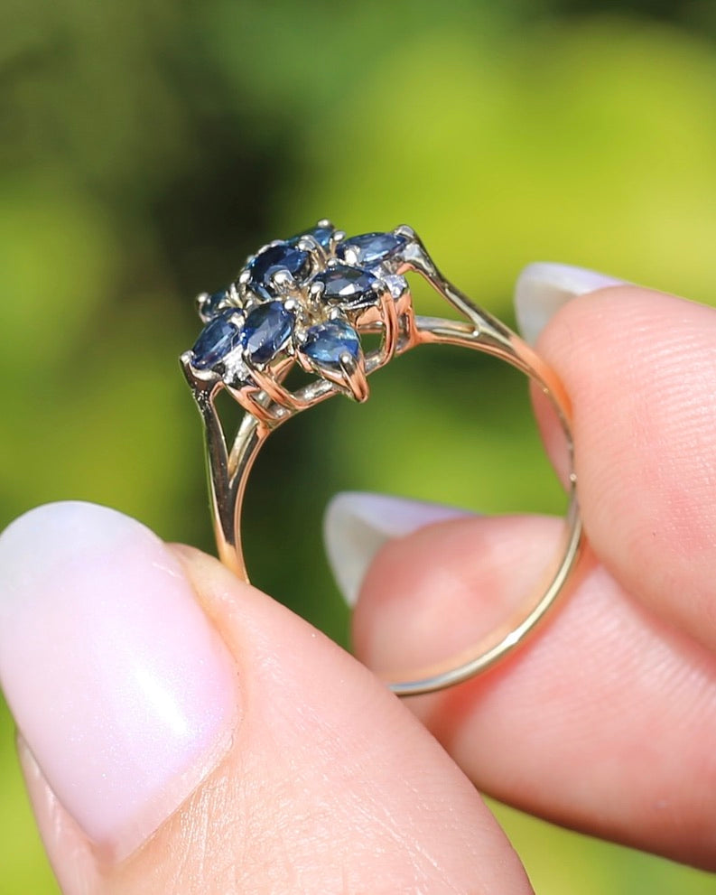 Vintage Blue Sapphire and Diamond Cluster Ring, 9ct Yellow Gold, size N or 6.75, 2.34g