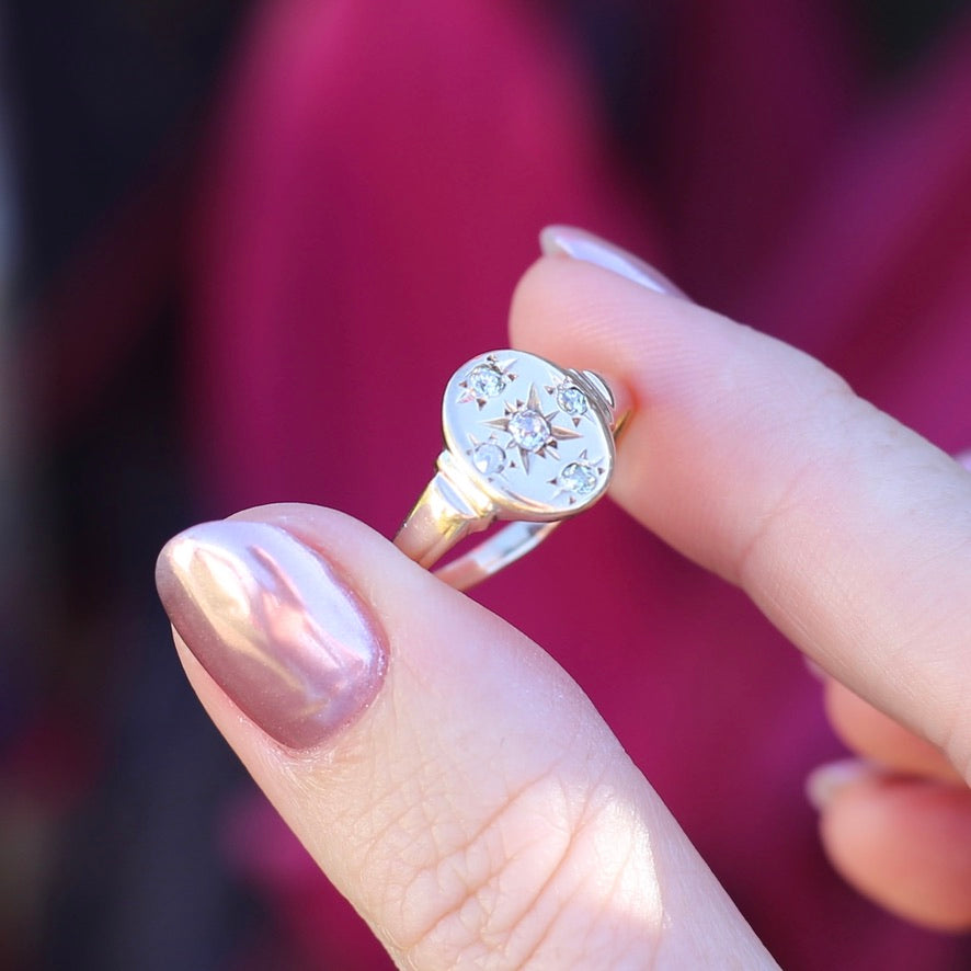 Early Australian Joseph Lawrence Signet Ring, Star Set with 5 Old Cut Diamonds, size T or 9.5