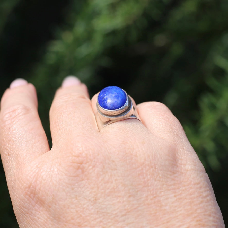 Large Lapis Cabochon in Silver Bezel Setting, size P1/2 or just under 8