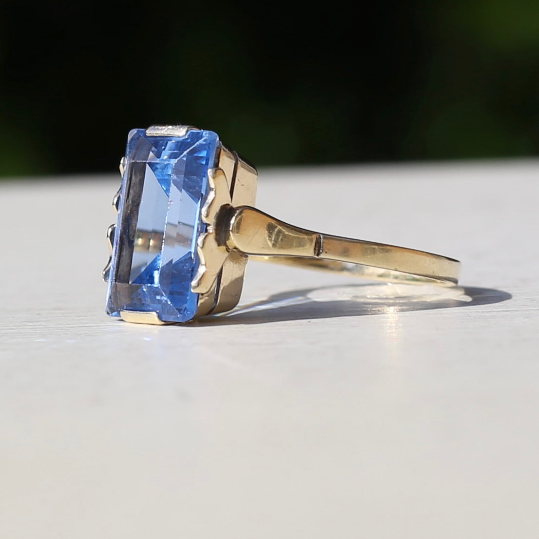 Pre 1953 Rectangular Step Cut Blue Dutch Spinel Ring, 14ct Yellow Gold, size S or 9