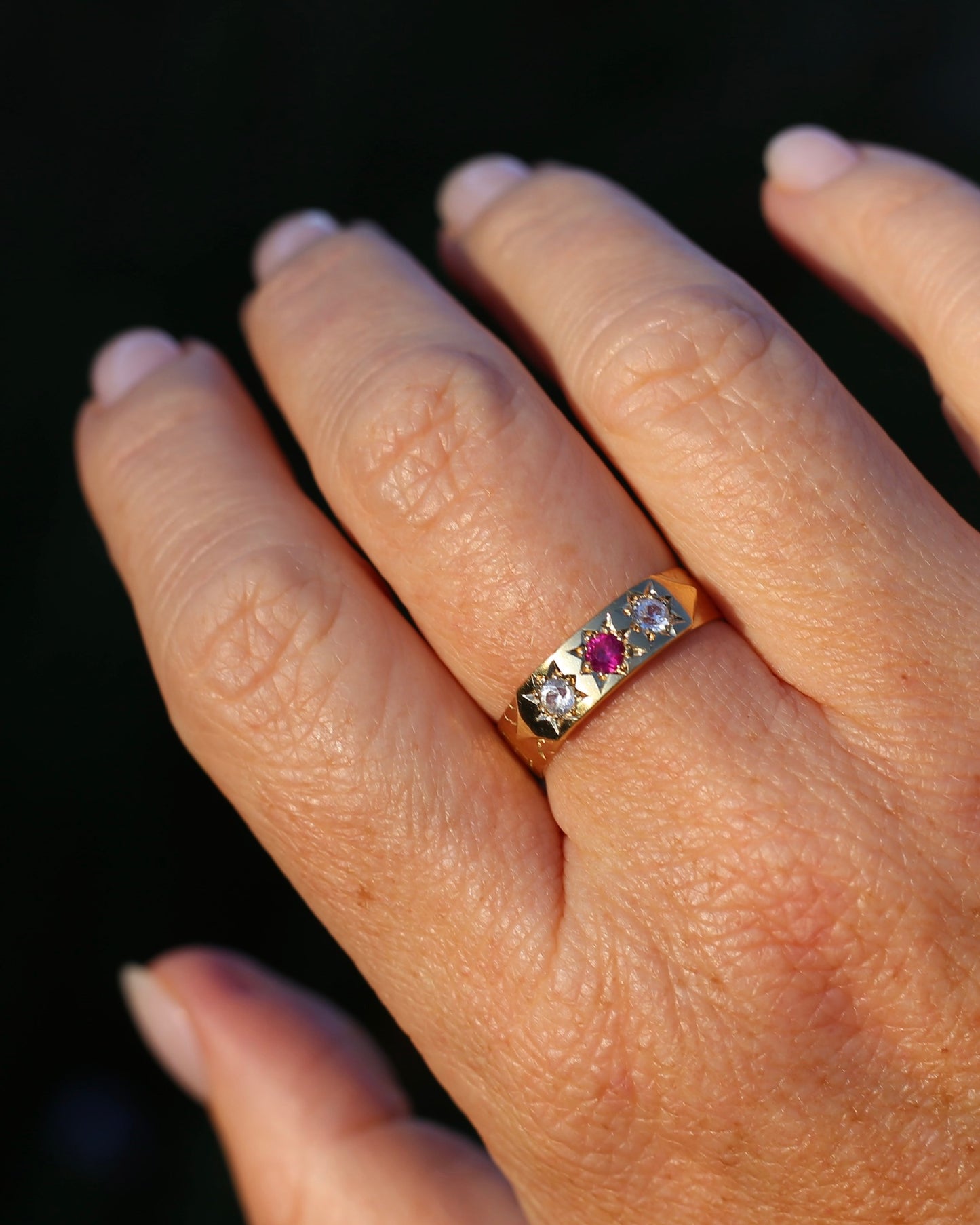 1873 15ct Band with 18ct Trilogy Old Cut Star Set Addition, 15 & 18ct Gold, size R1/2 or 8.75 (fits slightly smaller)