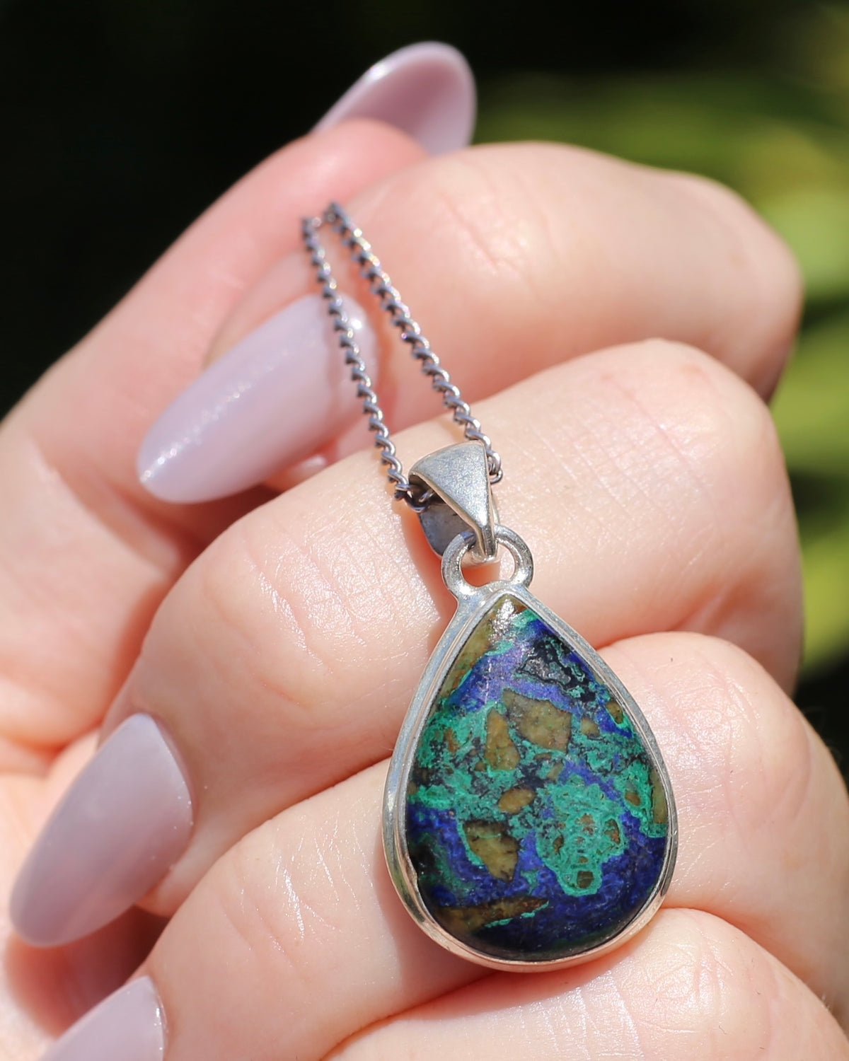 Natural Azurite/ Malachite/ Chrysocolla Cabochon Pendant, Bezel Set, Sterling Silver, 5.44g
