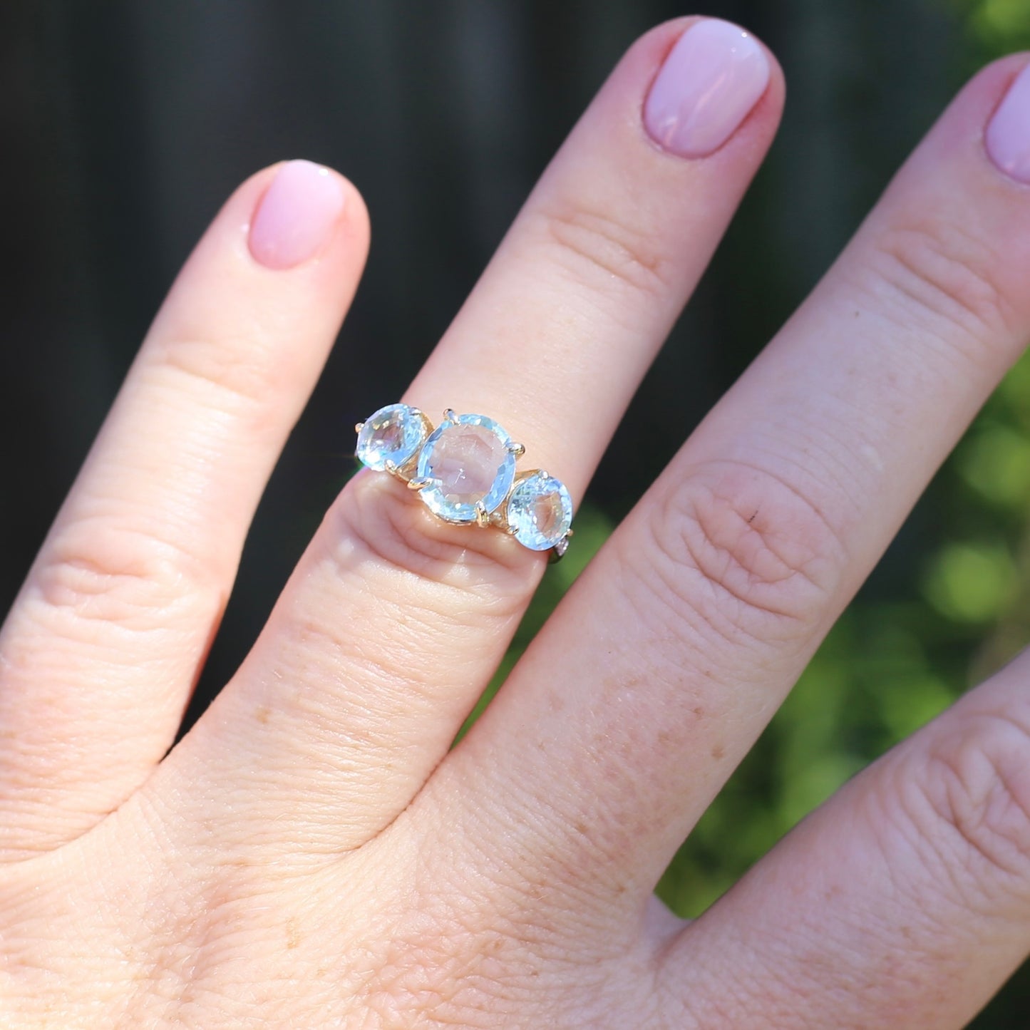 Natural Aquamarine Trilogy with Grain Set Diamond Shoulders, 9ct Yellow Gold, size 6.5 or M1/2